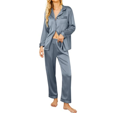 Ekouaer Silk Satin Pajamas Women's Long Sleeve PJ Set Soft Button Down 2 Piece Sleepwear Loungewear ...