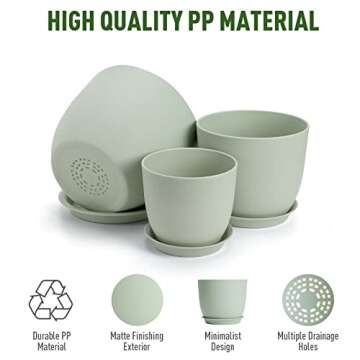 Whonline Plastic Planter 10/9/8/6 Inch Flower Pot Indoor Plastic Pots for Plants with Drainage Hole and Tray Modern Decorative for Gifts Succulents Flowers Cactus, Green