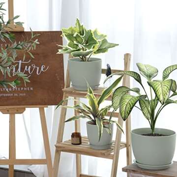 Whonline Plastic Planter 10/9/8/6 Inch Flower Pot Indoor Plastic Pots for Plants with Drainage Hole and Tray Modern Decorative for Gifts Succulents Flowers Cactus, Green