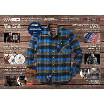 CQR Men's All Cotton Flannel Shirt, Long Sleeve Casual Button Down Plaid Shirt, Brushed Soft Outdoor Tactical Work Shirts, Plaid River, Medium