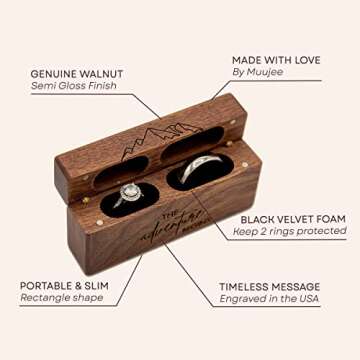 MUUJEE The Adventure Begins Double Ring Box - Engraved Slim Wooden Ring Case Box for Wedding Ceremon...