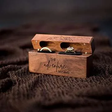 MUUJEE The Adventure Begins Double Ring Box - Engraved Slim Wooden Ring Case Box for Wedding Ceremony Engagement Proposal Ring Bearer Box - Anniversary Birthday Gift Ideas (The Adventure Begins)