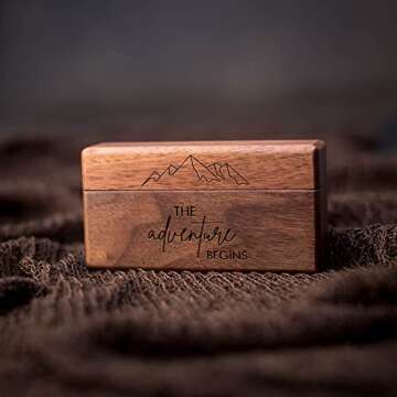 MUUJEE The Adventure Begins Double Ring Box - Engraved Slim Wooden Ring Case Box for Wedding Ceremony Engagement Proposal Ring Bearer Box - Anniversary Birthday Gift Ideas (The Adventure Begins)