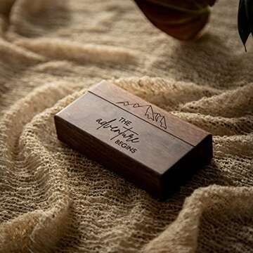 MUUJEE The Adventure Begins Double Ring Box - Engraved Slim Wooden Ring Case Box for Wedding Ceremony Engagement Proposal Ring Bearer Box - Anniversary Birthday Gift Ideas (The Adventure Begins)