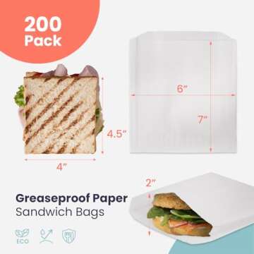Fit Meal Prep 200 Pack Paper Sandwich Bags 7 x 6”, Greaseproof Paper Snack Bags, Food Grade Pastry...