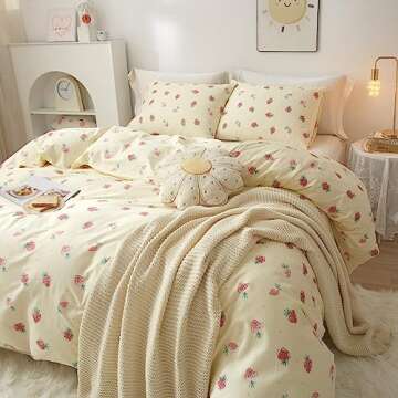 VM VOUGEMARKET Cute Fruit Duvet Cover Queen 3 Pieces Strawberry Bedding Set Cream White Cotton Quilt...