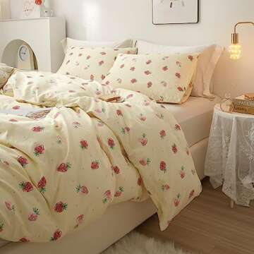 VM VOUGEMARKET Cute Fruit Duvet Cover Queen 3 Pieces Strawberry Bedding Set Cream White Cotton Quilt Cover with Zipper for Girls Women 90x90 Inch
