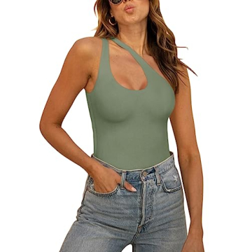 REORIA Women's Summer Sexy One Shoulder Cutout Front Sleeveless One Piece Tank Tops Backless Thong B...