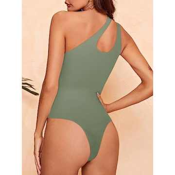 REORIA Women's Stylish One Shoulder Bodysuit in Dark Green