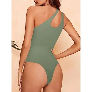REORIA Women's Stylish One Shoulder Bodysuit in Dark Green