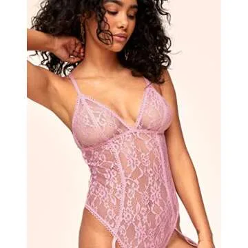 Fun & Sexy Lingerie For Women | Clarisse Unlined Floral Lace Bodysuit With Garters | Thong Back |Plu...