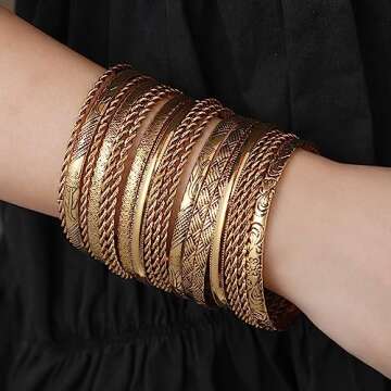 RINTOLER 19Pcs Gold Bangle Bracelets Set for Women - Multi Layered Stackable Gold Bangles Boho Jewel...