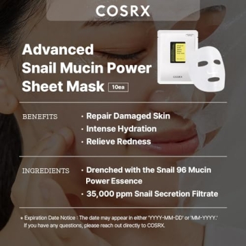 COSRX Snail Mucin Sheet Mask 10 EA with Snail Mucin Serum, Self Care, Face Masks for Dry, Sensitive Skin, Not Tested on Animals, No Parabens, No Sulfates, Korean Skin Care