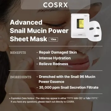 COSRX Snail Mucin Sheet Mask 10 EA with Snail Mucin Serum, Self Care, Face Masks for Dry, Sensitive Skin, Not Tested on Animals, No Parabens, No Sulfates, Korean Skin Care