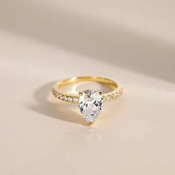 EAMTI 2CT 925 Sterling Silver Gold Engagement Rings Pear Cut Cubic Zirconia CZ Wedding Promise Rings for Her Stunning Teardrop Wedding Bands for Women Size 6.5