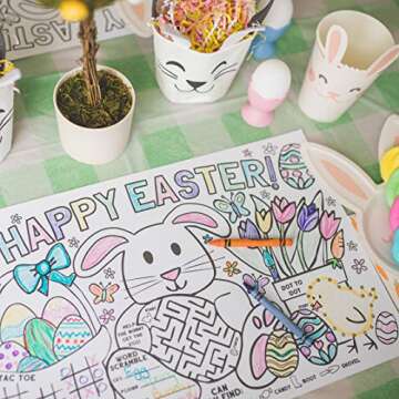 Tiny Expressions - Easter Coloring Placemats for Kids – Set of 12 Disposable Paper Mats for Children's Table, Includes Interactive Bunny & Egg Coloring Activities and Games - Easter Crafts for Kids