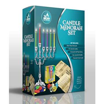 Hanukkah Menorah Complete Set - Menorah - Candles - Dreidels - Chanukah Guide