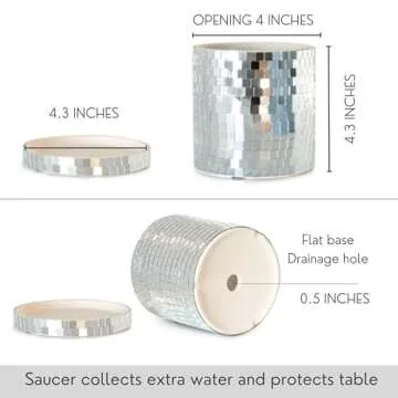 SCANDINORDICA Disco Ball Planter Pot - 4.3 inch Disco Ball Vase, Disco Planter, Ceramic Planter Pots Indoor with Drainage Hole and Saucer, Cute Eclectic Decor, Preppy Room Decor | 0.3" Mirror Tiles