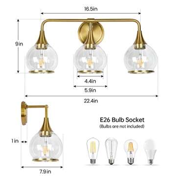 HAHZT Gold Bathroom Vanity Light 3-Lights Bathroom Light Fixtures Over Mirror with Clear Glass Shade...