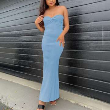 Sdencin Women Sexy Twist Knot Front Ribbed Knit Bodycon Bandeau Tube Dress Casual Solid Strapless Maxi Long Dress(M US Women,Blue)