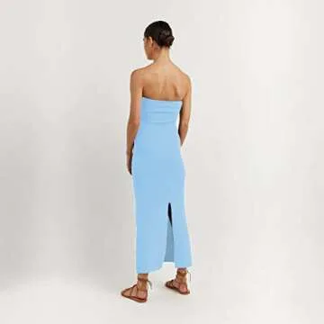 Sdencin Women Sexy Twist Knot Front Ribbed Knit Bodycon Bandeau Tube Dress Casual Solid Strapless Maxi Long Dress(M US Women,Blue)