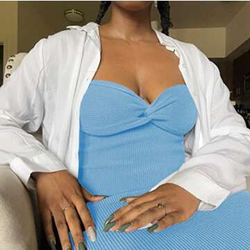 Sdencin Women Sexy Twist Knot Front Ribbed Knit Bodycon Bandeau Tube Dress Casual Solid Strapless Maxi Long Dress(M US Women,Blue)