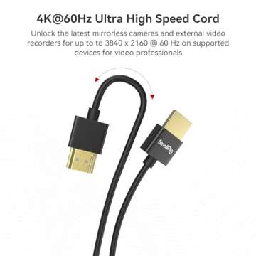 SMALLRIG Upgraded Ultra Thin HDMI Cable 35cm/1.15Ft (A to A), 4K Hyper Super Flexible Slim Cord, High Speed Supports 3D, 4K@60Hz, Ethernet, ARC Type-A Male to Male for Camera, Monitor, Gimbal - 2956B