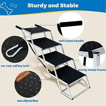 Barpor Dog Ramp Portable Dog Steps for Cars, SUV and Trucks Adjustable Aluminum Dog Stairs Lightweight Pet Ladder with Non-Slip Surface Supports to Large Dogs 200-250 Lbs, 4/5 Steps (Ex Wide 4-step)