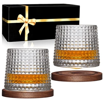 BOLESTA Whiskey Glasses Set of 2, Rotatable Tumbler Crystal Glass Cups, Drinking Glasses with 2Pcs C...