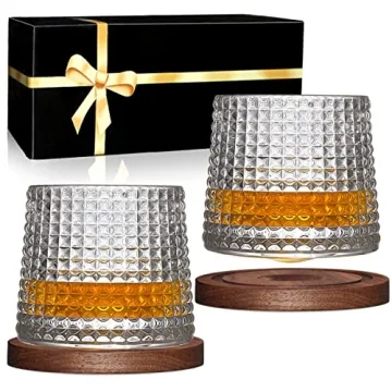 BOLESTA Whiskey Glasses Set of 2, Rotatable Tumbler Crystal Glass Cups, Drinking Glasses with 2Pcs C...