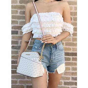 Michael Kors Jet Set Medium Dome Crossbody Vanilla Signature Powder Blush Pink