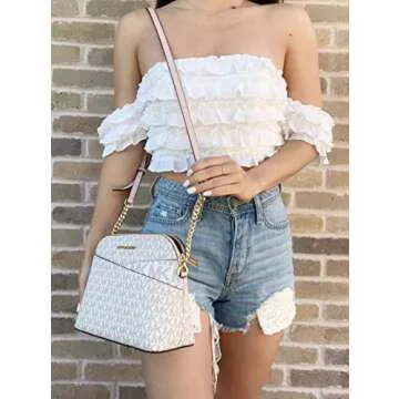 Michael Kors Jet Set Medium Dome Crossbody Vanilla Signature Powder Blush Pink