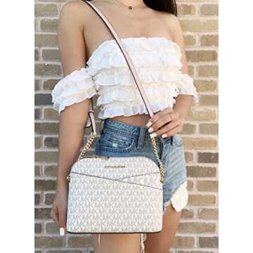 Michael Kors Jet Set Medium Dome Crossbody Vanilla Signature Powder Blush Pink