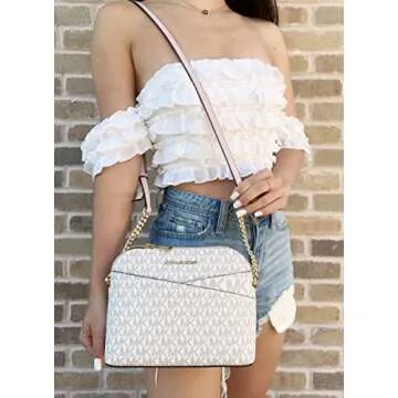 Michael Kors Jet Set Medium Dome Crossbody Vanilla Signature Powder Blush Pink
