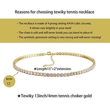 Tewiky Rhinestone Choker Necklaces 14K Gold Plated Sparkling Tennis Chain Necklace Dainty Crystal Bridal Jewelry for Women