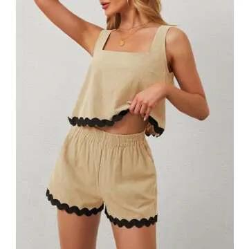 ETOSELL Womens Summer Outfits Two Piece Sets 2024 Vacation Beach Cruise Linen Square Neck Cropped Ta...