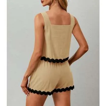 ETOSELL Womens Summer Outfits Two Piece Sets 2024 Vacation Beach Cruise Linen Square Neck Cropped Tank Top High Waist Shorts Sets Khaki