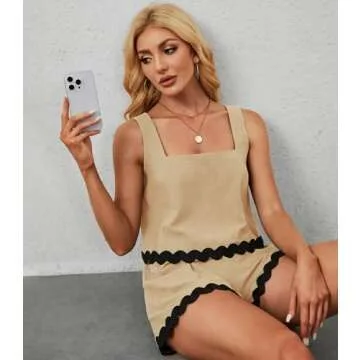 ETOSELL Womens Summer Outfits Two Piece Sets 2024 Vacation Beach Cruise Linen Square Neck Cropped Tank Top High Waist Shorts Sets Khaki
