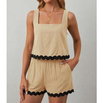 ETOSELL Womens Summer Outfits Two Piece Sets 2024 Vacation Beach Cruise Linen Square Neck Cropped Tank Top High Waist Shorts Sets Khaki