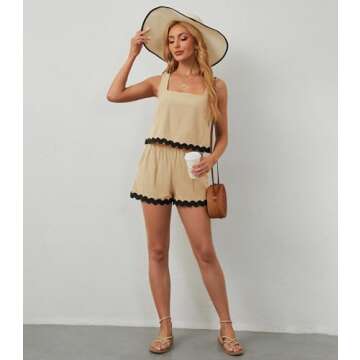 ETOSELL Womens Summer Outfits Two Piece Sets 2024 Vacation Beach Cruise Linen Square Neck Cropped Tank Top High Waist Shorts Sets Khaki