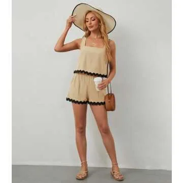 ETOSELL Womens Summer Outfits Two Piece Sets 2024 Vacation Beach Cruise Linen Square Neck Cropped Tank Top High Waist Shorts Sets Khaki