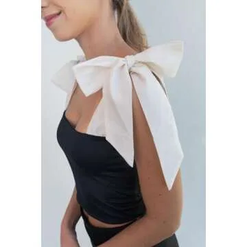 Calu Resortwear Klarissa Crop Top with Bow Shoulder Straps - Stylish and Comfortable Sleeveless Camisole for Chic and Modern Women | Black and Ivory | Medium
