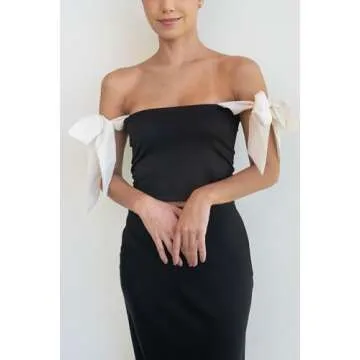 Calu Resortwear Klarissa Crop Top with Bow Shoulder Straps - Stylish and Comfortable Sleeveless Camisole for Chic and Modern Women | Black and Ivory | Medium