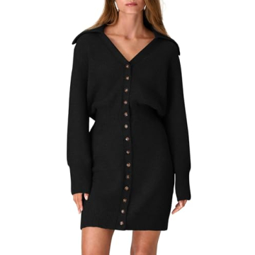 PRETTYGARDEN Sweater Dresses for Women 2025 Trendy Long Sleeve Button Down Short Spring Dress (Black...
