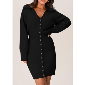 PRETTYGARDEN Sweater Dresses for Women 2025 Trendy Long Sleeve Button Down Short Spring Dress (Black,Large)