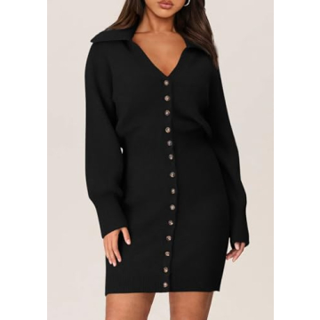 PRETTYGARDEN Sweater Dresses for Women 2025 Trendy Long Sleeve Button Down Short Spring Dress (Black,Large)