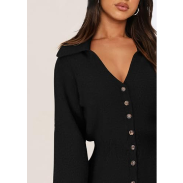 PRETTYGARDEN Sweater Dresses for Women 2025 Trendy Long Sleeve Button Down Short Spring Dress (Black,Large)
