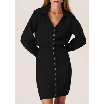 PRETTYGARDEN Sweater Dresses for Women 2025 Trendy Long Sleeve Button Down Short Spring Dress (Black,Large)