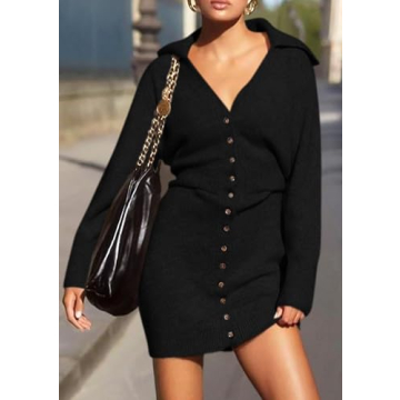PRETTYGARDEN Sweater Dresses for Women 2025 Trendy Long Sleeve Button Down Short Spring Dress (Black,Large)