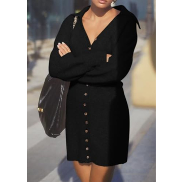PRETTYGARDEN Sweater Dresses for Women 2025 Trendy Long Sleeve Button Down Short Spring Dress (Black,Large)
